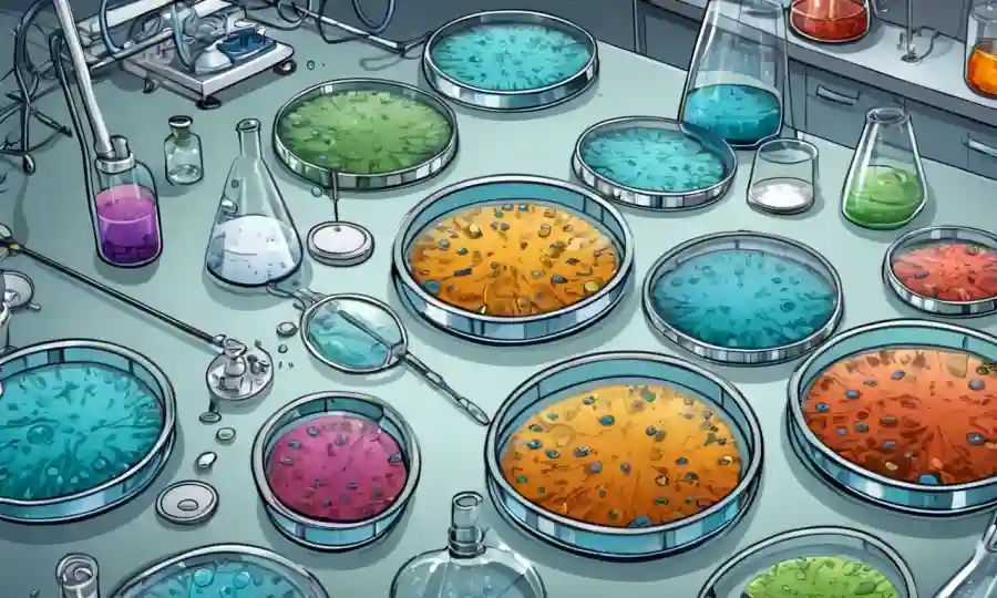 Platos petri que contienen microorganismos crecidos rodeados de equipos de laboratorio, representando la investigación científica.