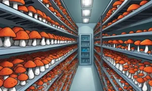Setas creciendo en estantes controlados en un laboratorio limpio.