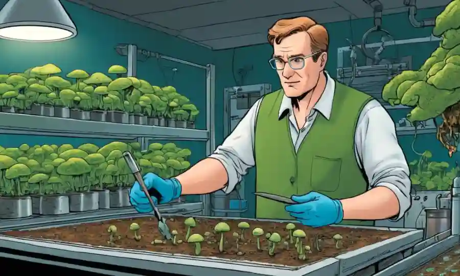 Agricultor examinando el crecimiento de hongos en el entorno de laboratorio controlado.