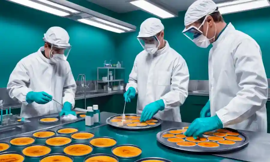 Técnicos de laboratorio en trajes de novato que manejan las culturas de los hongos.