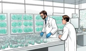 Científicos en capas de laboratorio observando culturas de células fúngicas y notas en pizarras blancas.