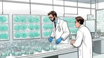 Científicos en capas de laboratorio observando culturas de células fúngicas y notas en pizarras blancas.