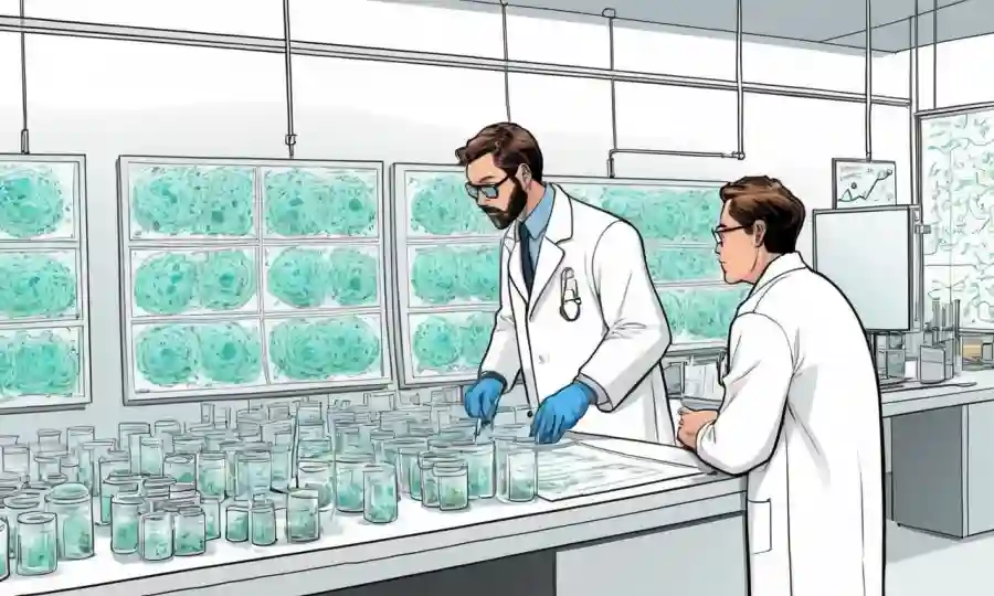 Científicos en capas de laboratorio observando culturas de células fúngicas y notas en pizarras blancas.
