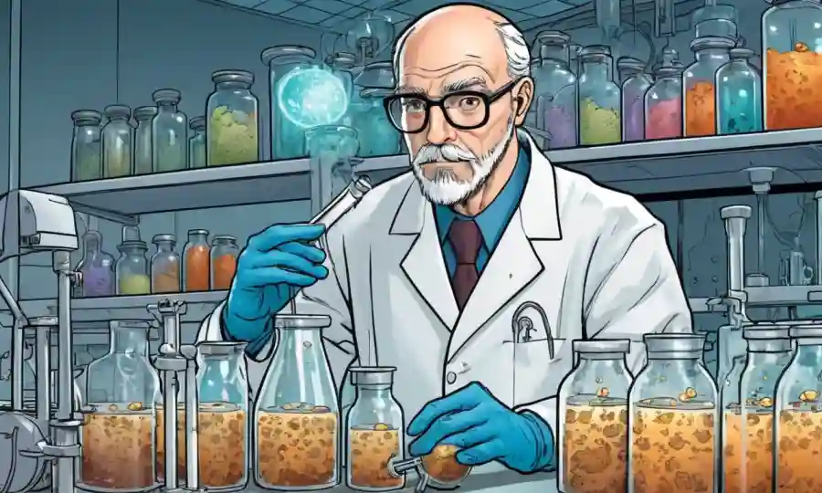Científico que estudia culturas fúngicas en equipos de laboratorio, destacando desafíos.