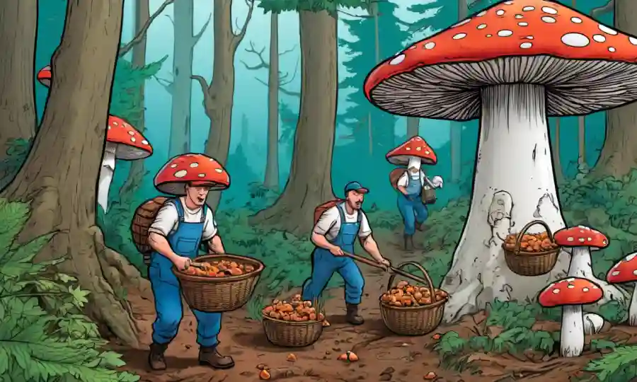 Recogiendo hongos en un bosque rodeado de árboles y canastas.