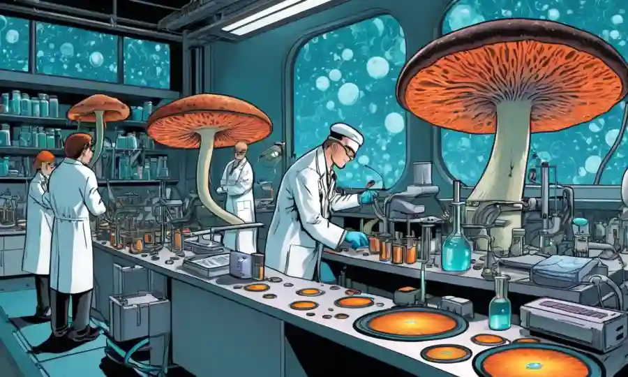 Las ilustraciones de hongos rodeados de equipos de laboratorio y científicos en un entorno futurista.