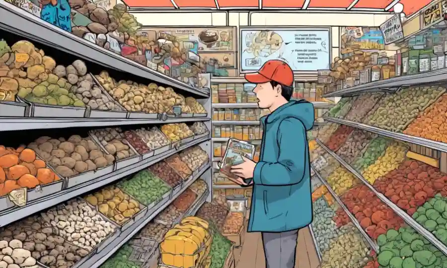 Un producto basado en hongos en estantes de tiendas en medio de gráficos de mercado y gente navegando.