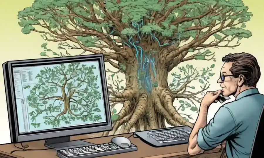 Científico estudiando diagrama de árboles representando relaciones evolutivas fungosas en la pantalla de la computadora.