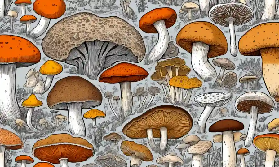 Imágenes microscópicas de varias especies de hongos con características morfológicas anotadas.