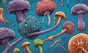 Un microscopio que muestra diversas células hongos con flechas destacando diferencias entre patógenos y no patógenos.