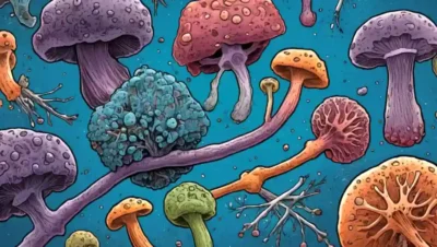 Un microscopio que muestra diversas células hongos con flechas destacando diferencias entre patógenos y no patógenos.