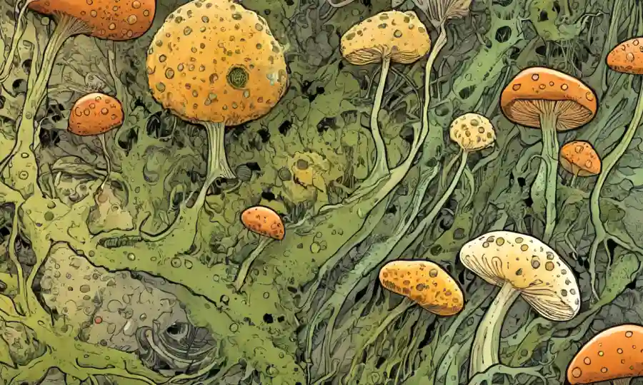 Una imagen magnificada que compara esporas y esporas fúngicas en una superficie vegetal.