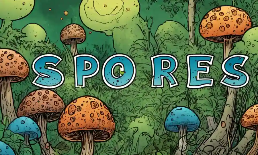 Imagen de esporas en la naturaleza con superposición de texto ambiental.