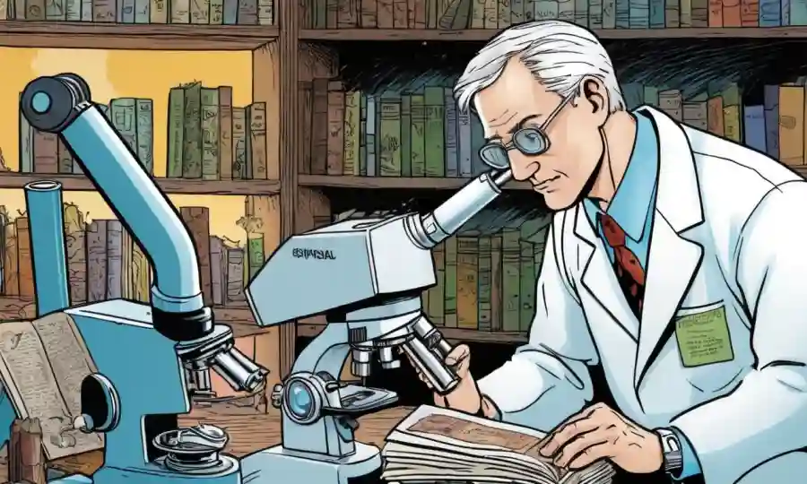 Un científico que estudia esporas fúngicas en las diapositivas del microscopio con libros de literatura relacionados en el fondo.
