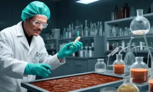 Un científico que llevaba guantes manejando cultivos de hongos en un laboratorio.