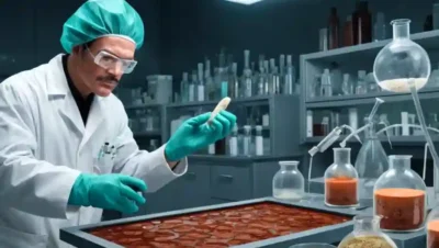Un científico que llevaba guantes manejando cultivos de hongos en un laboratorio.