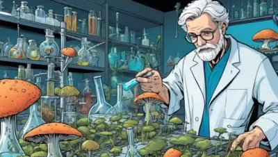 Científicos que estudian hongos en un laboratorio.