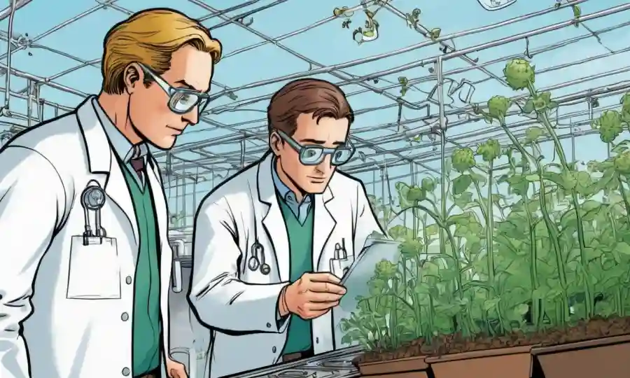 Científicos que observan resultados de pruebas de campo que implican endofitas en un entorno controlado al aire libre, probablemente en un laboratorio o invernadero.