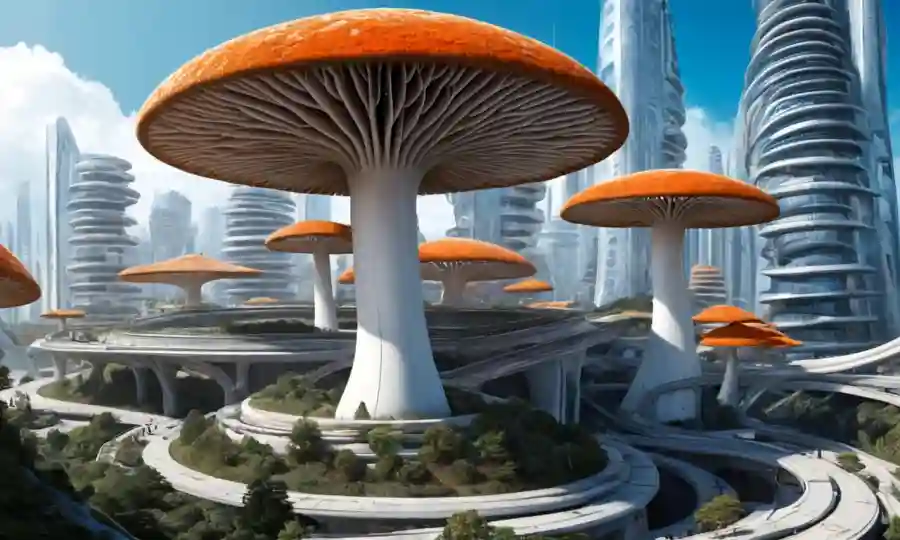 Fungi utilizado en proyectos de construcción rodeados de arquitectura futurista.