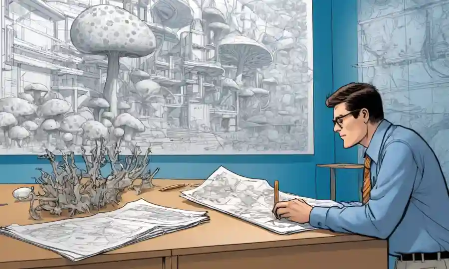 Un arquitecto que estudia estructuras fúngicas y módulos de construcción frente a una pared llena de planos.