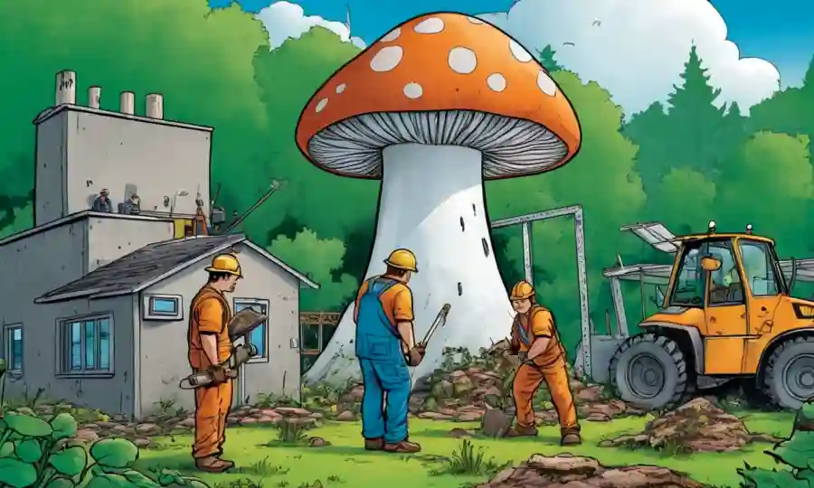 Los trabajadores de la construcción utilizan materiales basados en hongos junto a un paisaje de construcción verde.