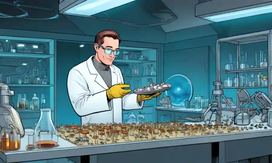 Científico sosteniendo una muestra de hongos en un laboratorio, rodeado de equipos futuristas.
