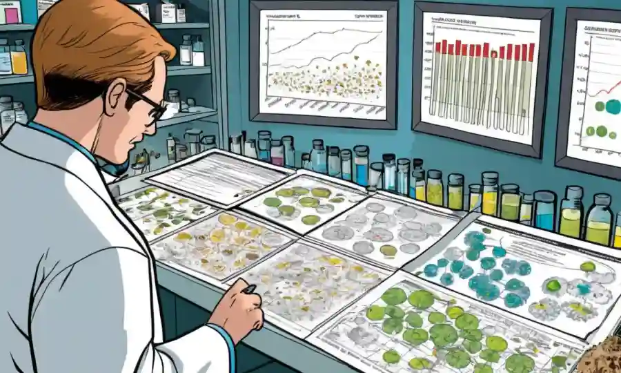 Científico que examina muestras de hongos en un laboratorio mientras mira los gráficos que muestran estadísticas de salud pública.