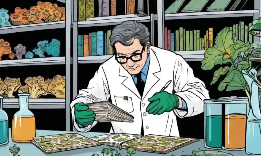 Científico examinando muestras de hongos en un laboratorio con libros de ecología.