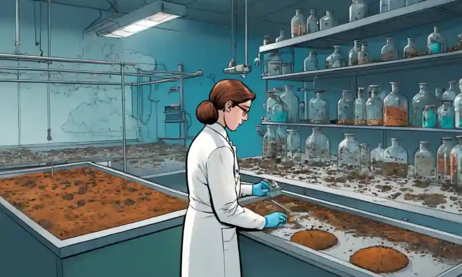 Un biólogo que observa el proceso de descomposición de hongos en un entorno de laboratorio controlado.