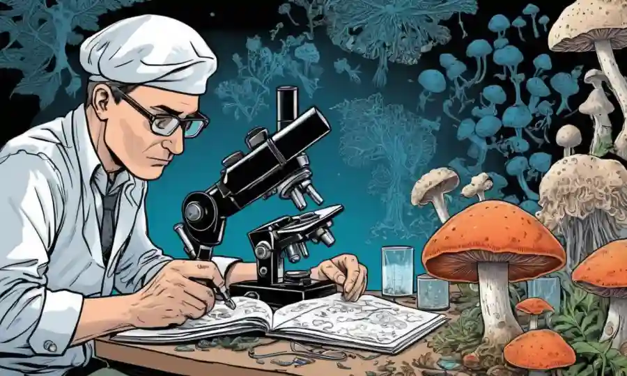 Un micólogo que estudia hongos bajo microscopios y notas.