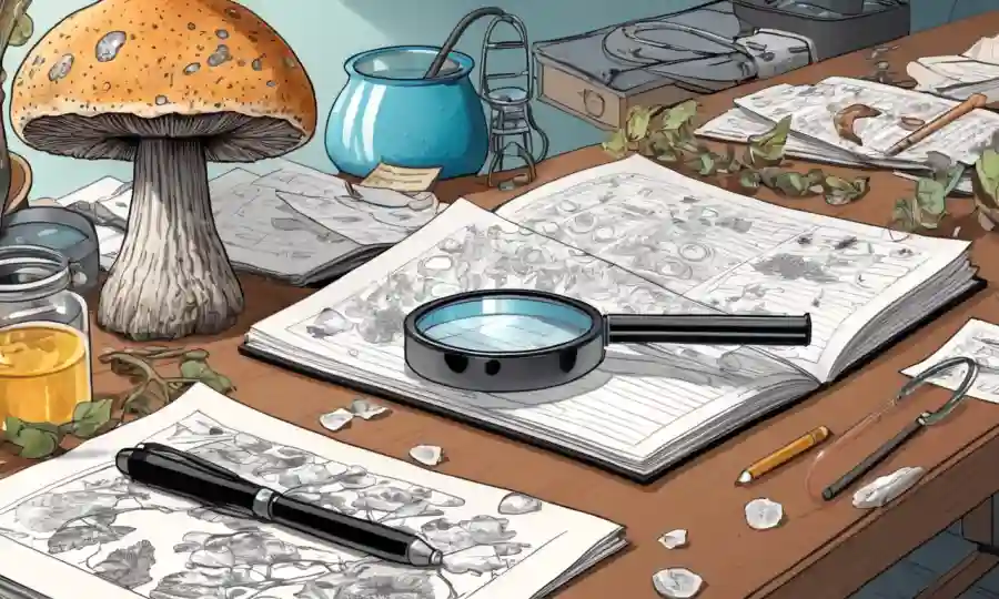 Fungi y equipo científico en una mesa con lupa y notas en el fondo.
