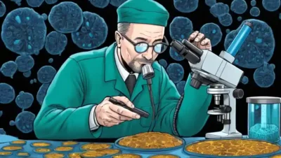 Micólogo que examina los platos petri con datos de dispersión de esporas en el microscopio.
