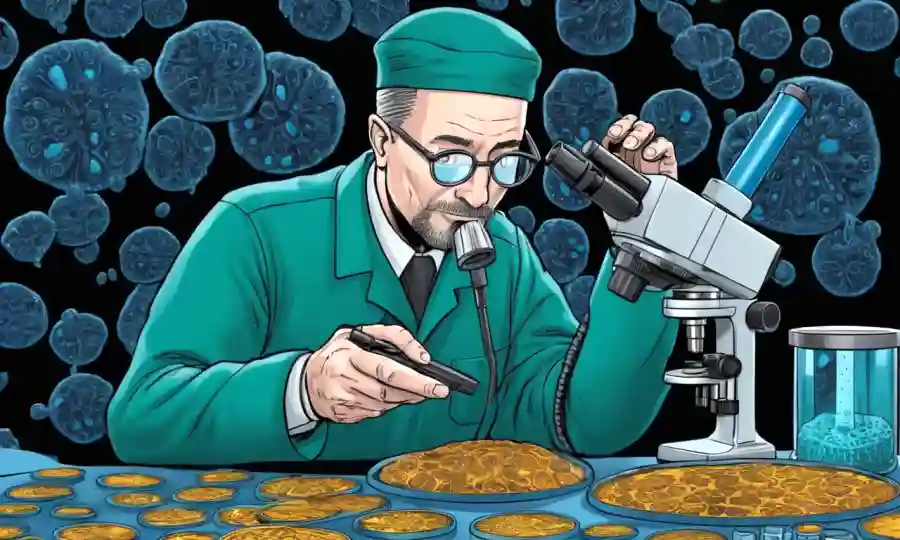 Micólogo que examina los platos petri con datos de dispersión de esporas en el microscopio.