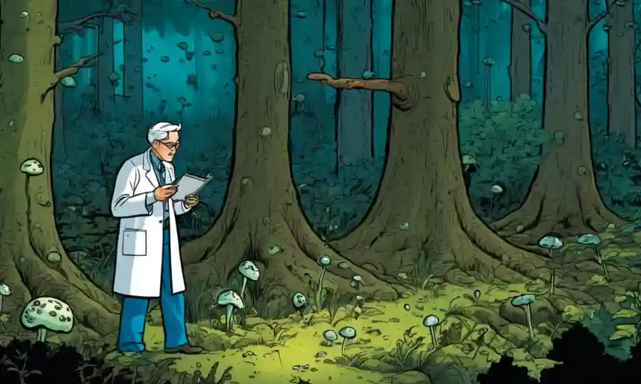 Científico examinando esporas fúngicas en un ecosistema forestal con gráficos ambientales.