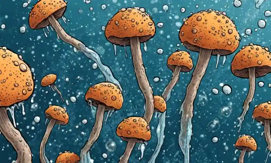 Una imagen microscópica de esporas fúngicas dispersas a través de partículas de aire o agua.