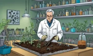 Científico examinando muestras de suelo con hongos y raíces vegetales