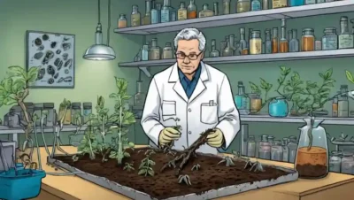 Científico examinando muestras de suelo con hongos y raíces vegetales