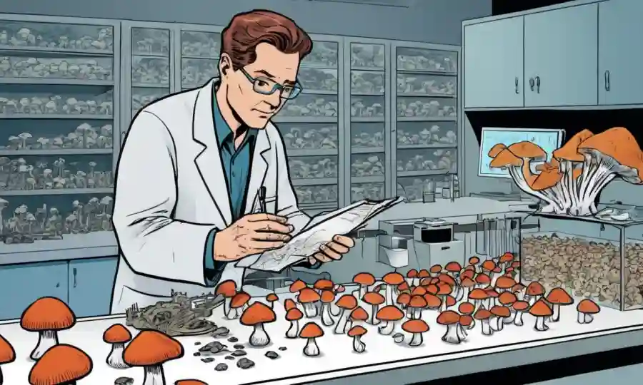Un científico observando especímenes de hongos en un laboratorio, con gráficos y datos mostrados.