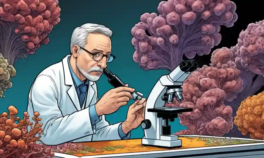 Un científico que examina las etapas de crecimiento de hongos bajo el microscopio.