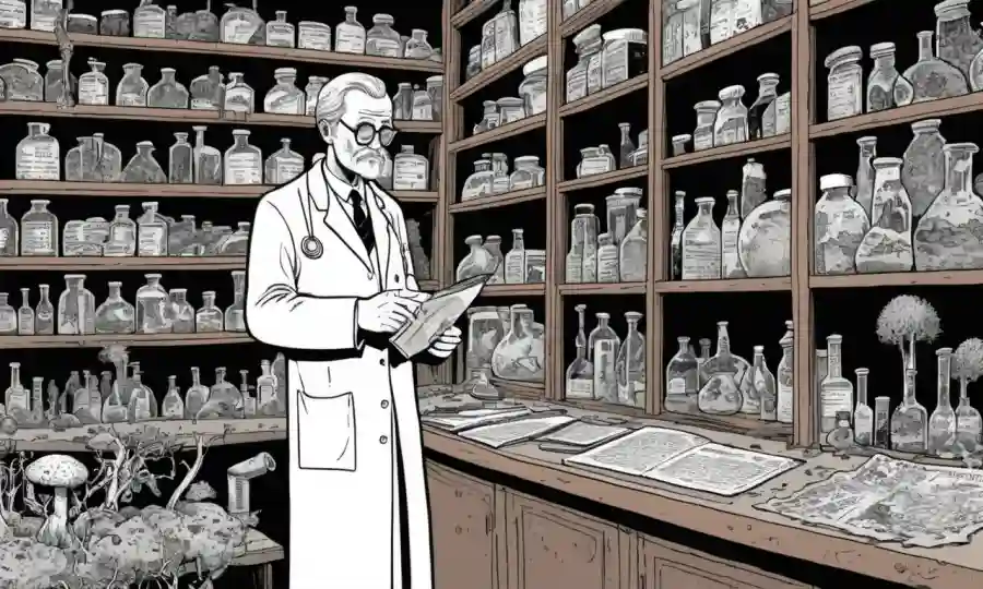 Imagen histórica de un científico en un laboratorio rodeado de crecimientos fúngicos, con textos y diagramas sobre estantes.