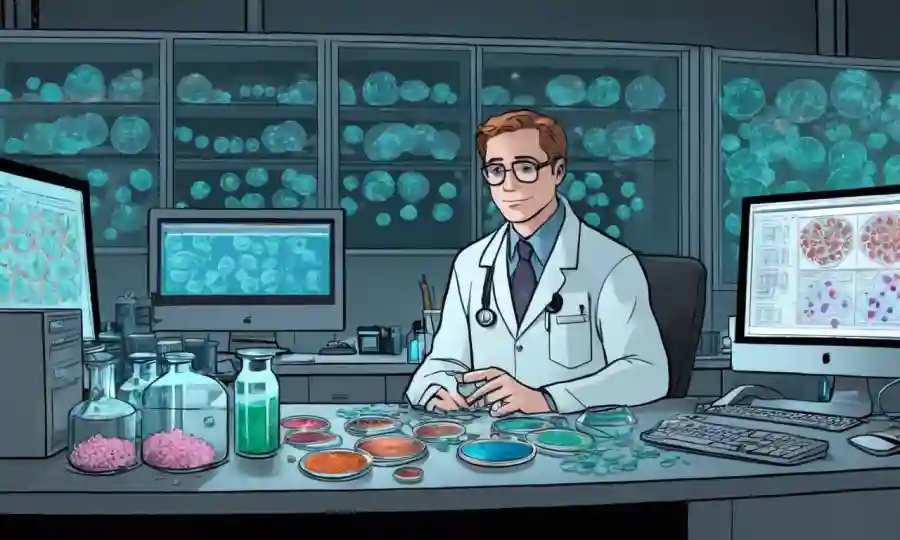 Científico en un laboratorio rodeado de platos Petri y pantallas de ordenadores que estudian genomas fúngicos.