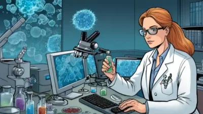 Científico de laboratorio analizando el ADN de hongos en la computadora rodeado de microscopio y platos petri.