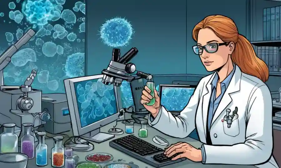 Científico de laboratorio analizando el ADN de hongos en la computadora rodeado de microscopio y platos petri.