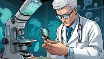 Científico examinando una diapositiva de microscopio con especímenes fúngicos.