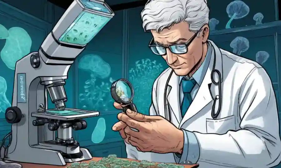 Científico examinando una diapositiva de microscopio con especímenes fúngicos.