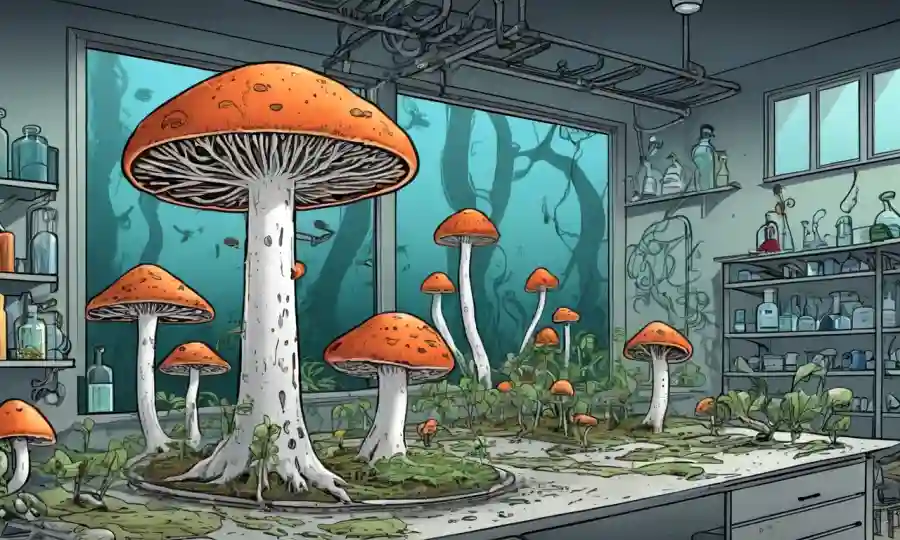 Fungi creciendo alrededor de los diagramas ecológicos con científicos en un laboratorio.