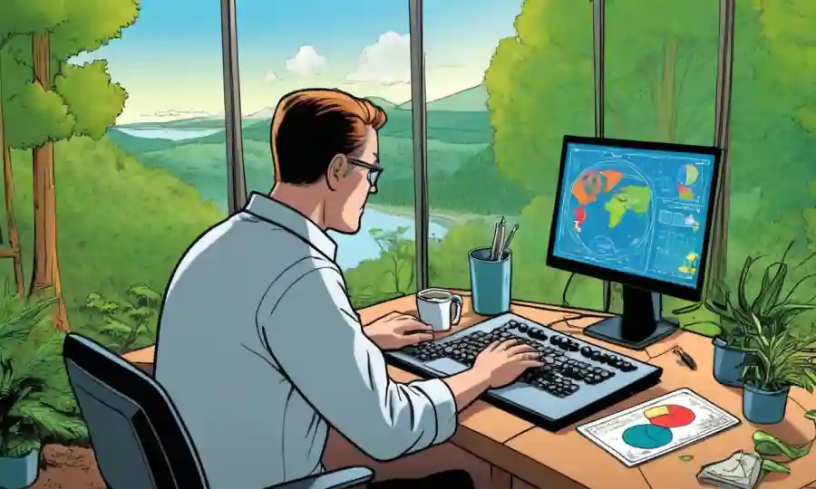 Datos científicos analizando en una pantalla de computadora rodeados de diagramas y gráficos inspirados en la naturaleza.