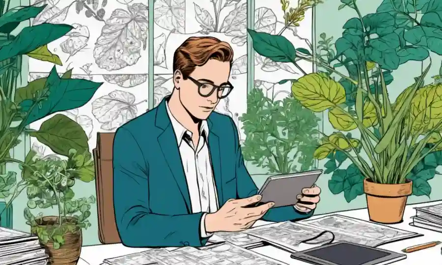 Una persona que consulta datos sobre tabletas o papeles entre ilustraciones botánicas.