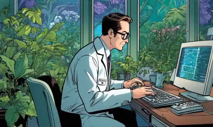 Scientist analyzing database information on a computer screen amidst plant species illustrates.