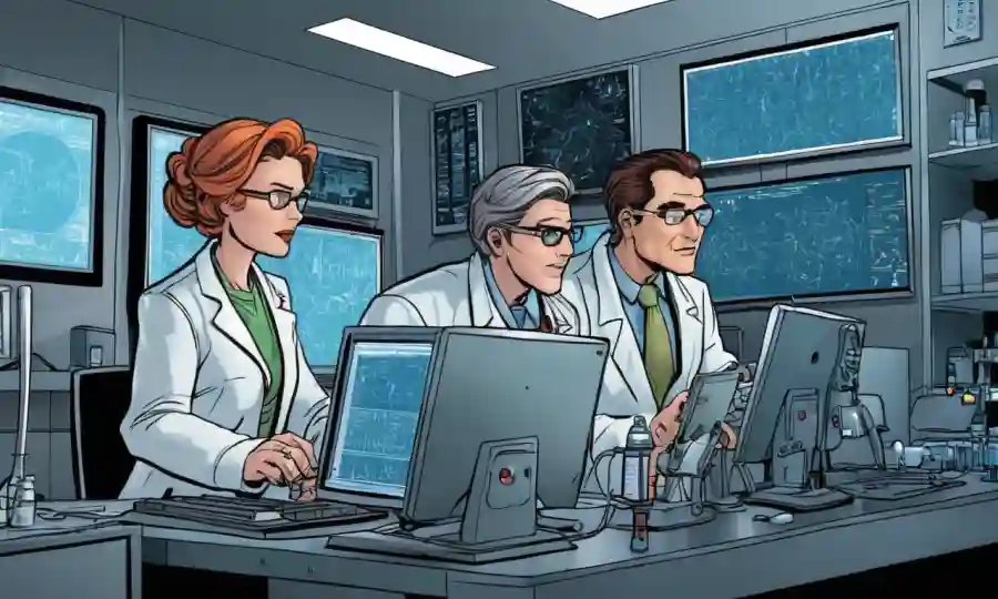 Científicos revisando datos en una pantalla de computadora en un laboratorio.